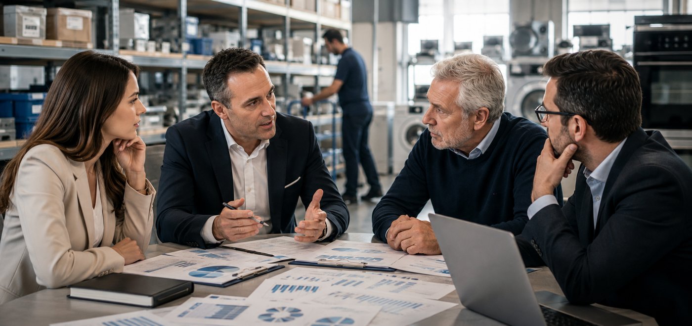 Riunione tra soci, management e consulente in un'azienda di ricambi per elettrodomestici, con grafici e dati di controllo di gestione sul tavolo