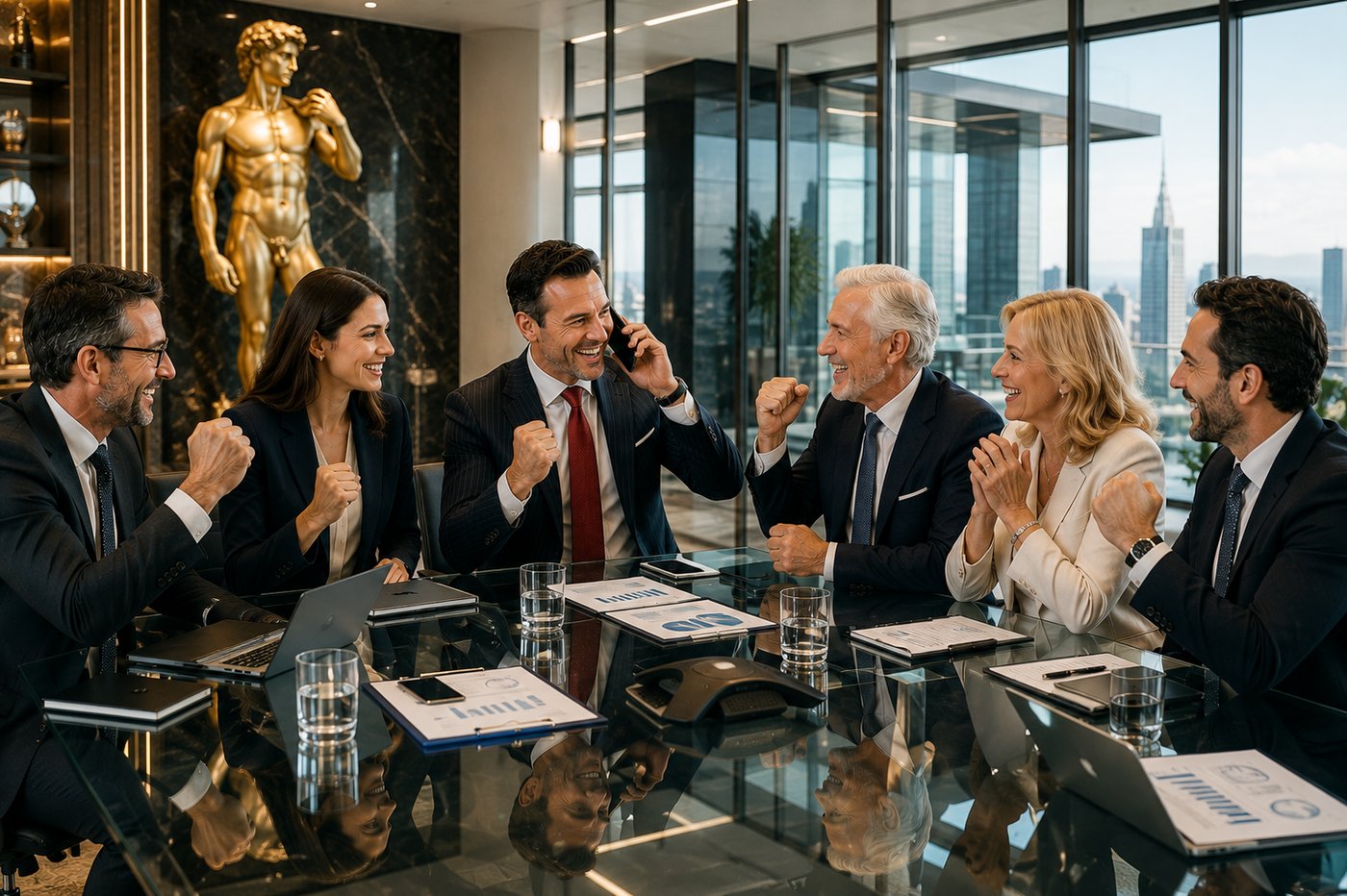 Un team di imprenditori e manager festeggia il via libera di un fondo di investimento al business plan riformulato