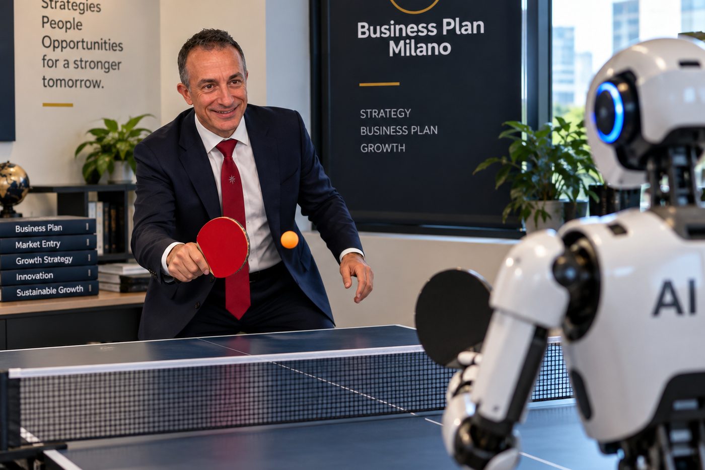 Giovanni Viani, di Business Plan Milano, gioca a ping pong con un robot AI nello studio: l'intelligenza artificiale come sparring partner del manager, né rifiutata né forzata