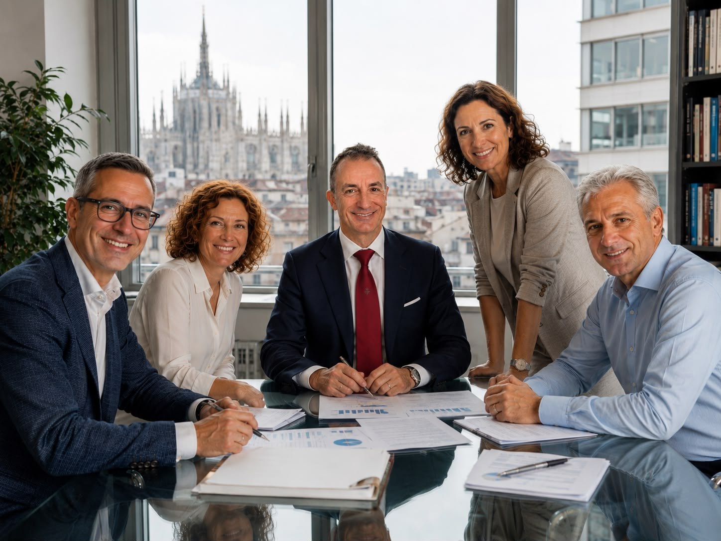 Il team di Business Plan Milano al tavolo di lavoro, con vista sul Duomo di Milano